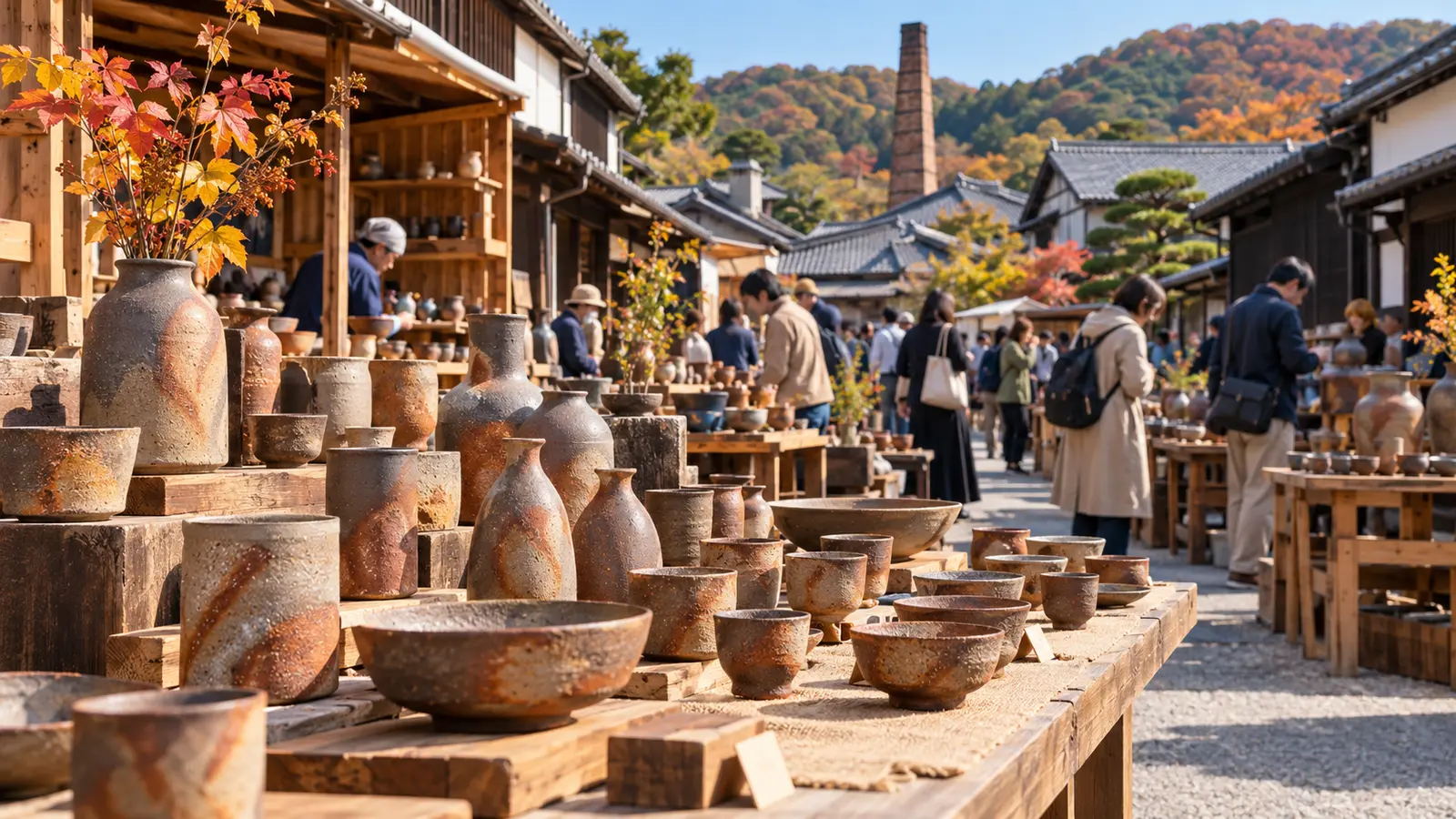 Generated editorial image of Bizen pottery displayed at an autumn market in Imbe