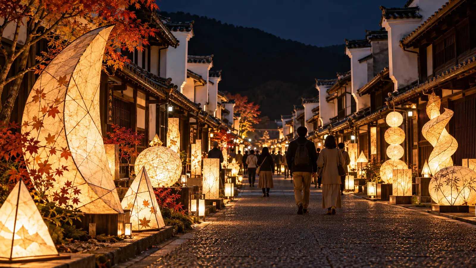 Generated editorial image of glowing washi paper artworks lining a historic merchant street in Mino at night