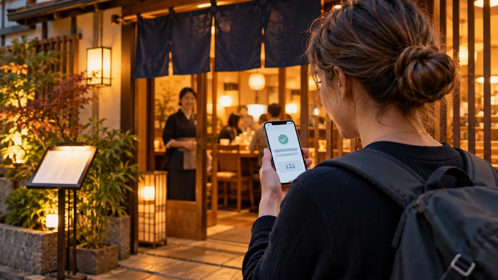 Generated editorial image of a traveler checking a generic restaurant reservation outside an unidentified Japanese restaurant; no real restaurant, booking service or readable confirmation is depicted