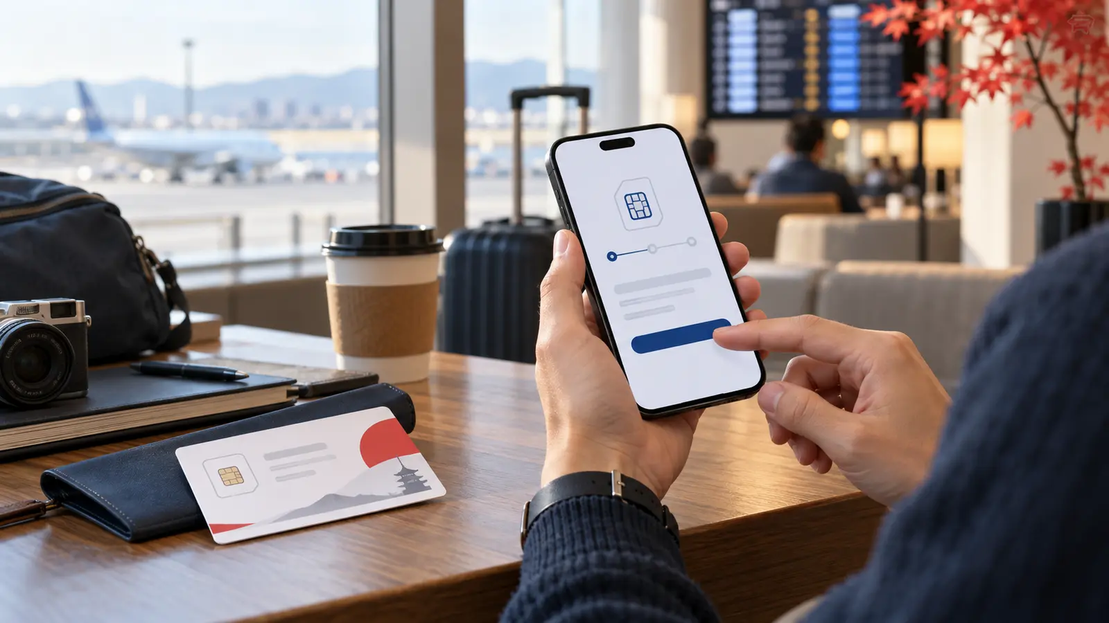 Generated editorial image of a traveler setting up a generic travel eSIM on an unbranded phone at an unidentified airport; no real carrier, app, QR code or service screen is depicted